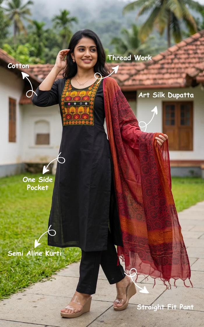 Black Embroidered Straight Salwar Set with Maroon Printed Dupatta